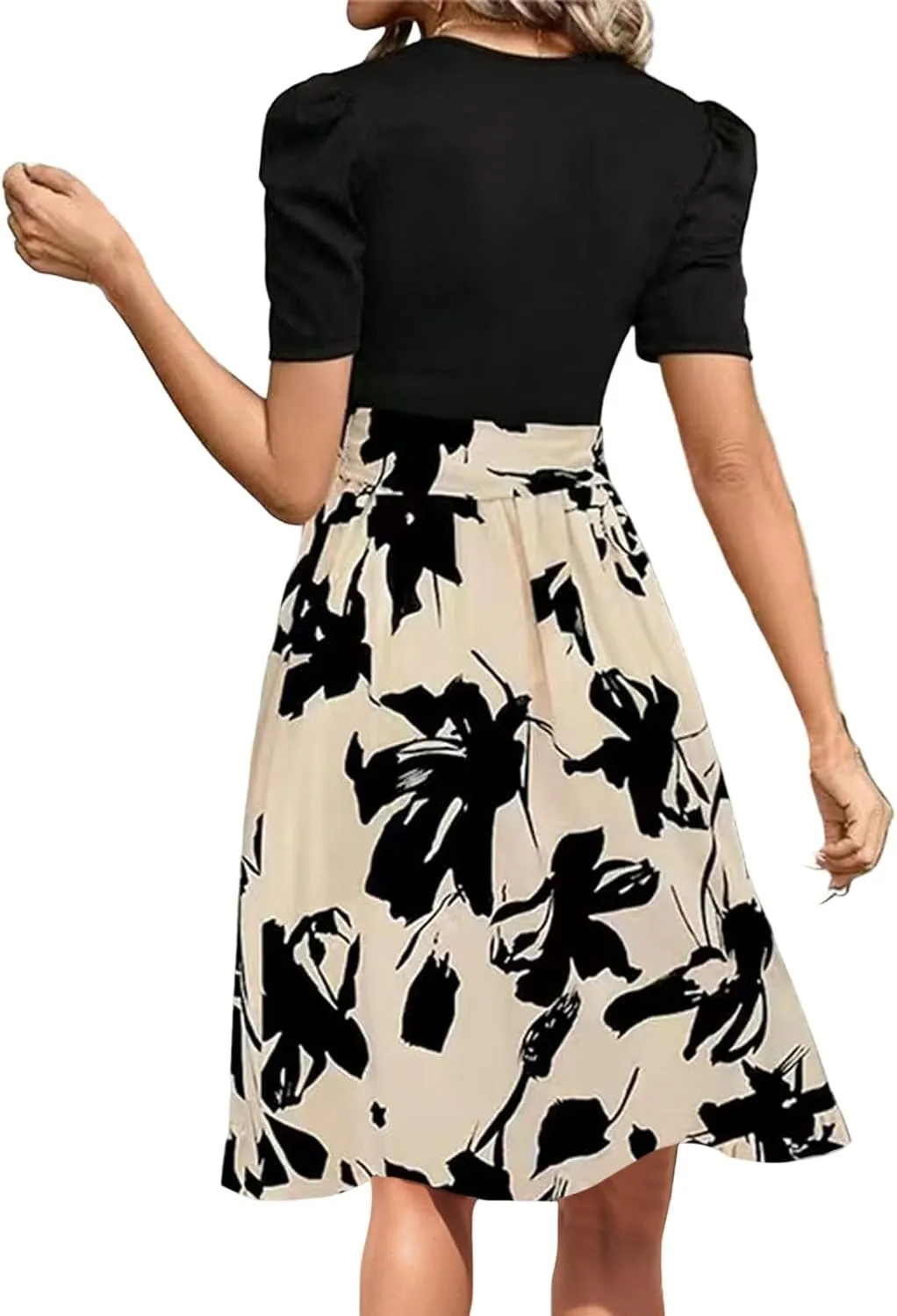 Summer Dresses for Women 2025 Floral Patchwork Flowy Mini Dress Crewneck Short Sleeve Belt Empire Waist Casual Dress
