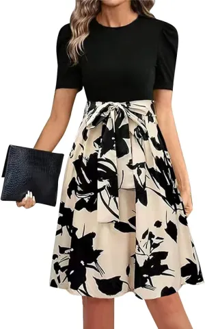 Summer Dresses for Women 2025 Floral Patchwork Flowy Mini Dress Crewneck Short Sleeve Belt Empire Waist Casual Dress