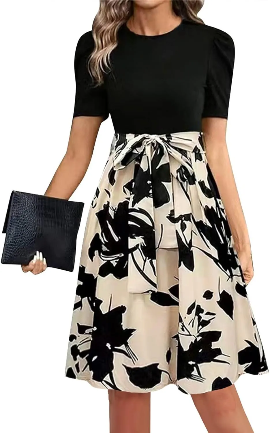 Summer Dresses for Women 2025 Floral Patchwork Flowy Mini Dress Crewneck Short Sleeve Belt Empire Waist Casual Dress
