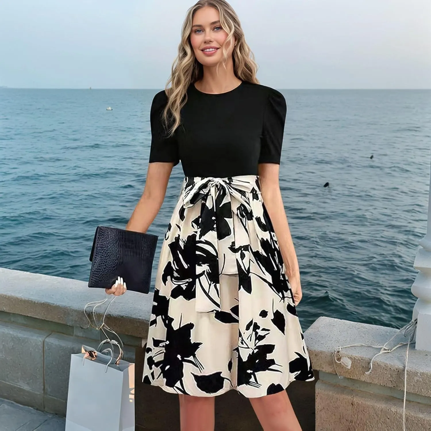 Summer Dresses for Women 2025 Floral Patchwork Flowy Mini Dress Crewneck Short Sleeve Belt Empire Waist Casual Dress