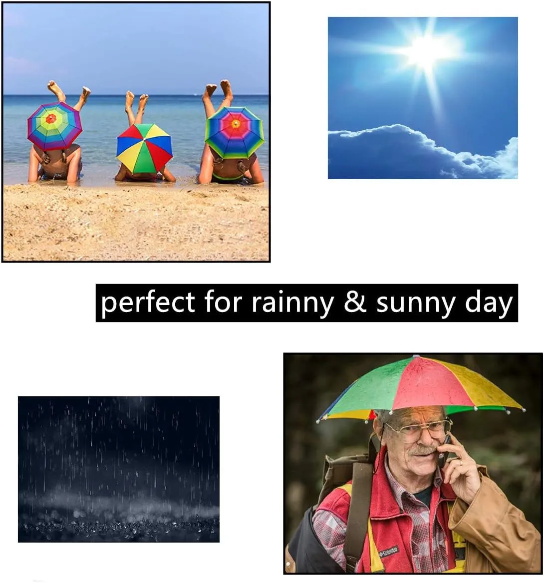 TSY TOOL 5 Pack Umbrella Hat with Head Strap, Funny Rainbow Colorful Waterproof Fishing Umbrella Beach Party Adjustable Size Fits for All Ages, Kids, Men & Women - (Patterns May Vary)