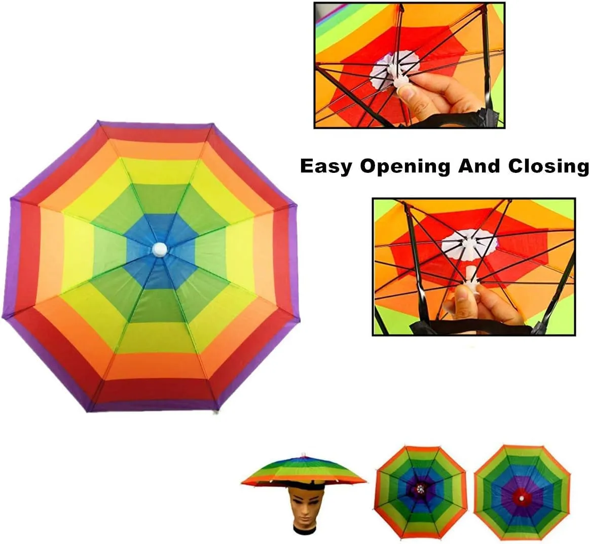 TSY TOOL 5 Pack Umbrella Hat with Head Strap, Funny Rainbow Colorful Waterproof Fishing Umbrella Beach Party Adjustable Size Fits for All Ages, Kids, Men & Women - (Patterns May Vary)