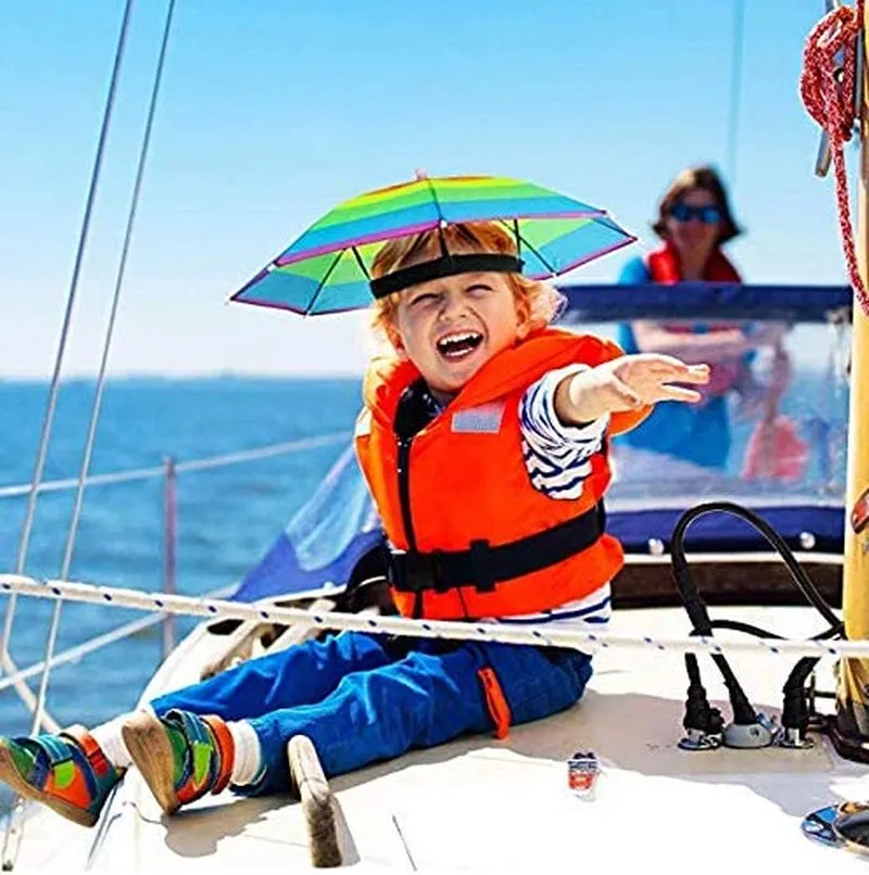 TSY TOOL 5 Pack Umbrella Hat with Head Strap, Funny Rainbow Colorful Waterproof Fishing Umbrella Beach Party Adjustable Size Fits for All Ages, Kids, Men & Women - (Patterns May Vary)