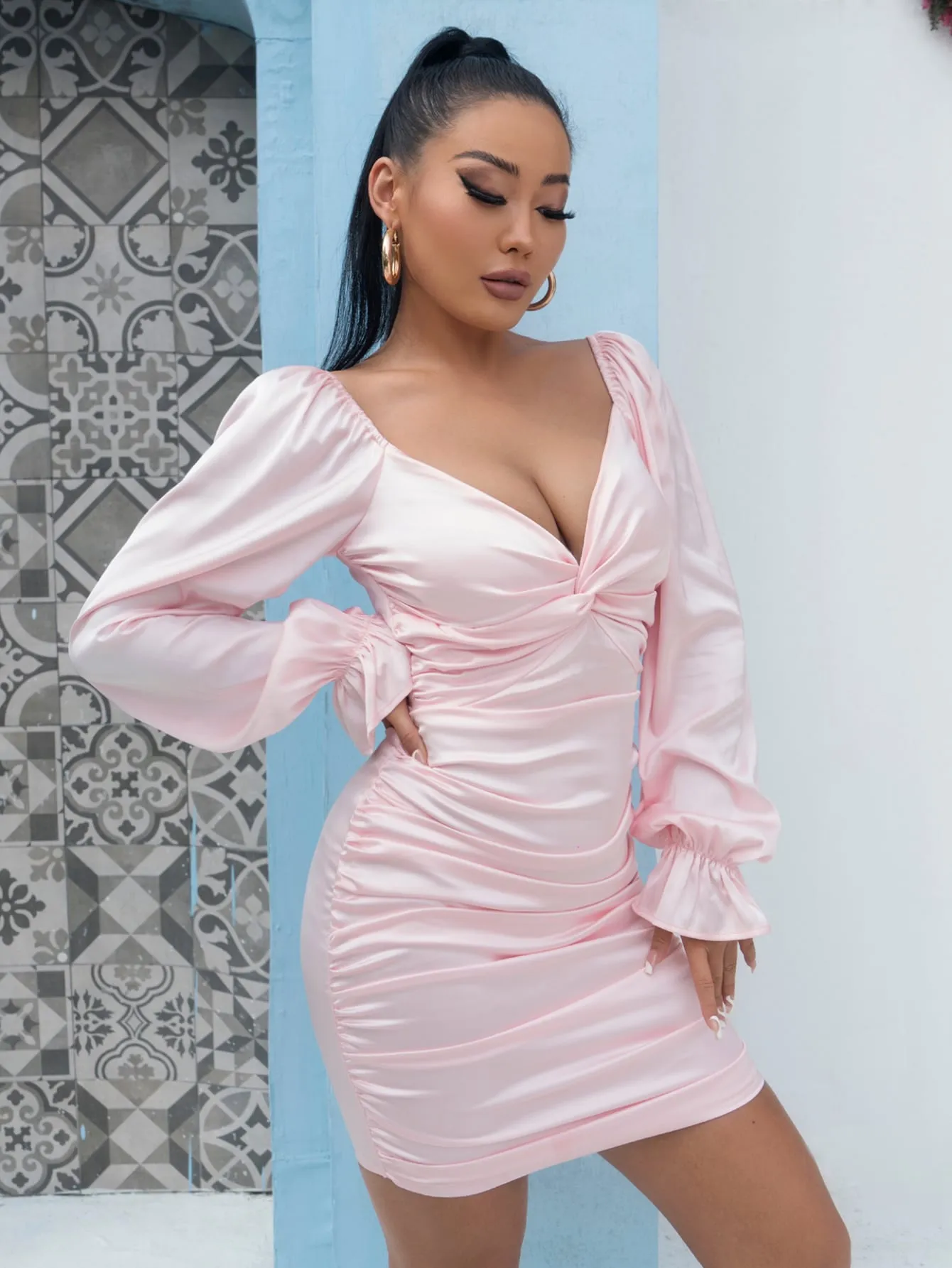 Twist Front Ruched Flounce Sleeve Dress