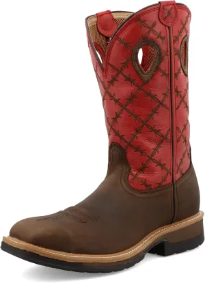 Twisted X Men's 12" Western Work Boot, Square Toe Alloy Toe, Brown & Flash Red, 11 EE