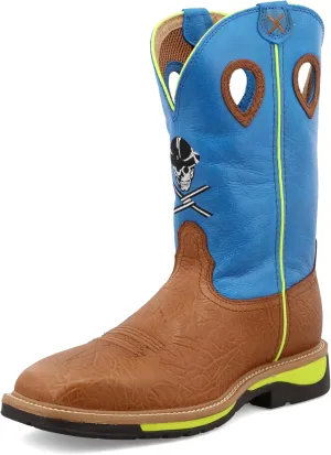 Twisted X Men's 12" Western Work Boot, Square Toe Steel Toe, Brown Oiled Shoulder & Neon Blue, 9 D