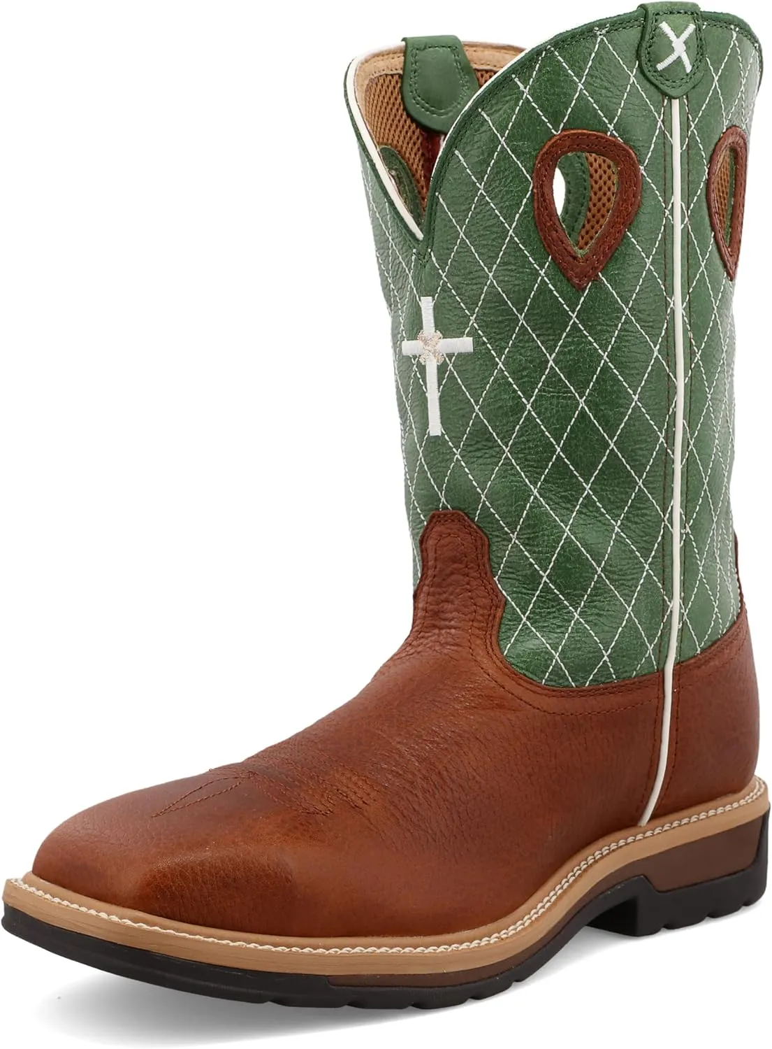 Twisted X Men's 12" Western Work Boot, Square Toe Steel Toe, Cognac Glazed Pebble & Lime, 8.5 EE