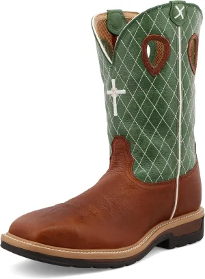 Twisted X Men's 12" Western Work Boot, Square Toe Steel Toe, Cognac Glazed Pebble & Lime, 8.5 EE
