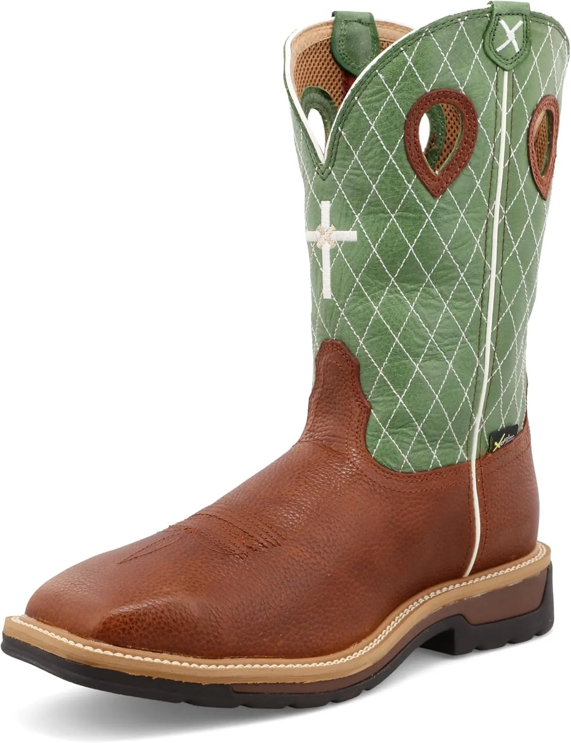 Twisted X Men's 12" Western Work Boot, Square Toe Steel Toe, Cognac Glazed Pebble & Lime - w/ Metgaurd, 11 D