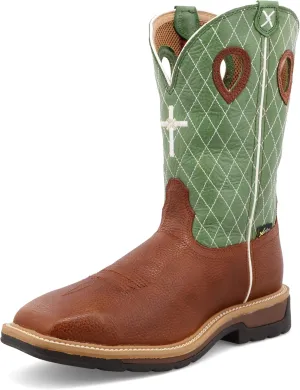 Twisted X Men's 12" Western Work Boot, Square Toe Steel Toe, Cognac Glazed Pebble & Lime - w/ Metgaurd, 11 D