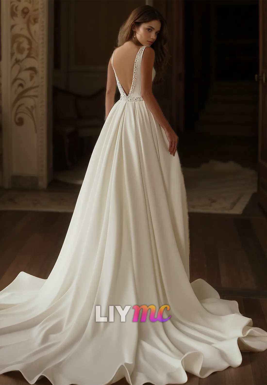 V-Neck Straps Sleek Satin Beaded Removable Train Mermaid Wedding Dress