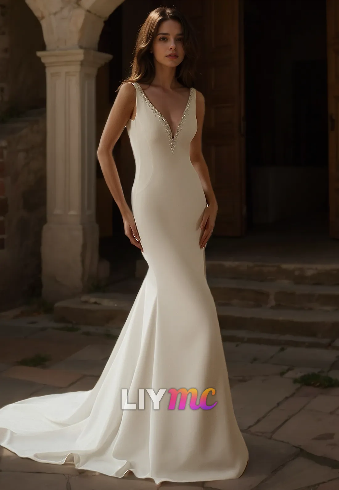 V-Neck Straps Sleek Satin Beaded Removable Train Mermaid Wedding Dress