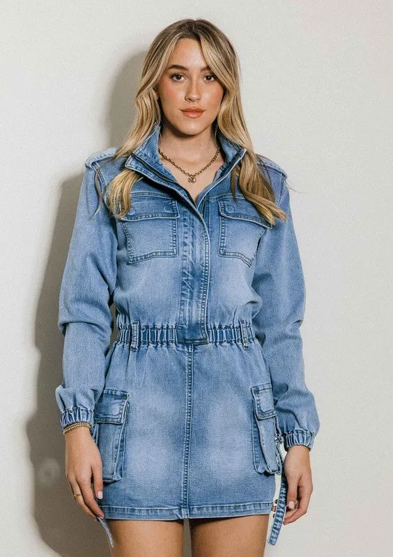 Vibrant MIU Long Sleeve Denim Shirt Dress