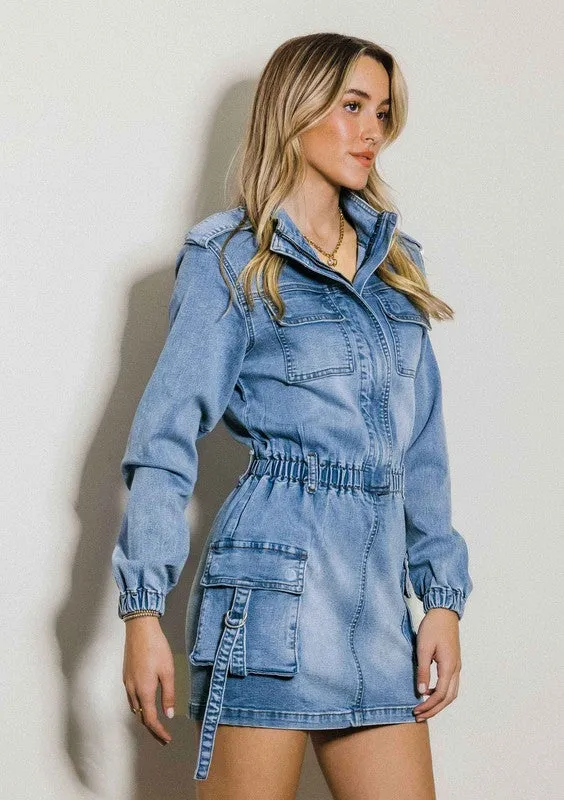 Vibrant MIU Long Sleeve Denim Shirt Dress