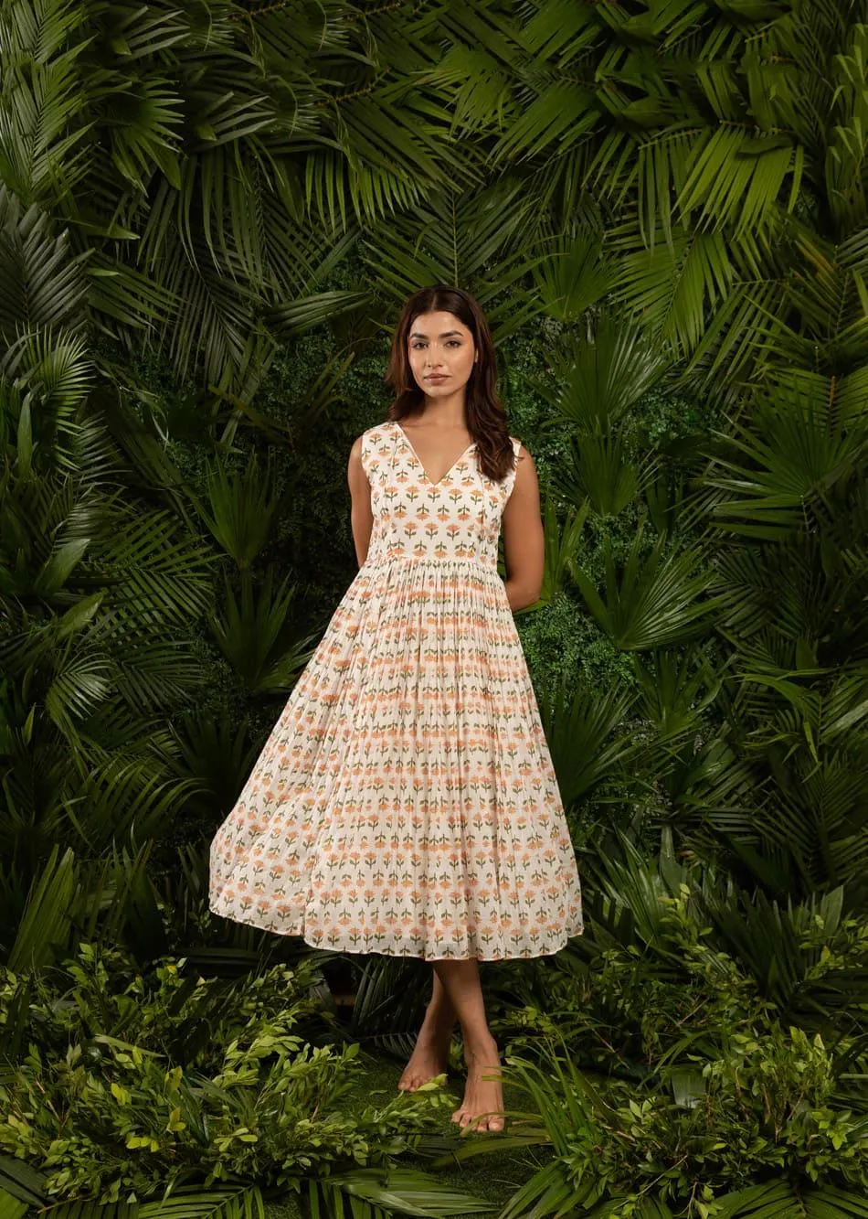 White & Orange Printed V-Neck Sleeveless Dress