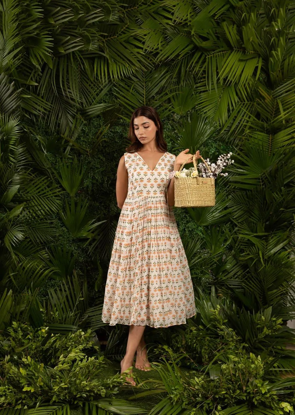 White & Orange Printed V-Neck Sleeveless Dress