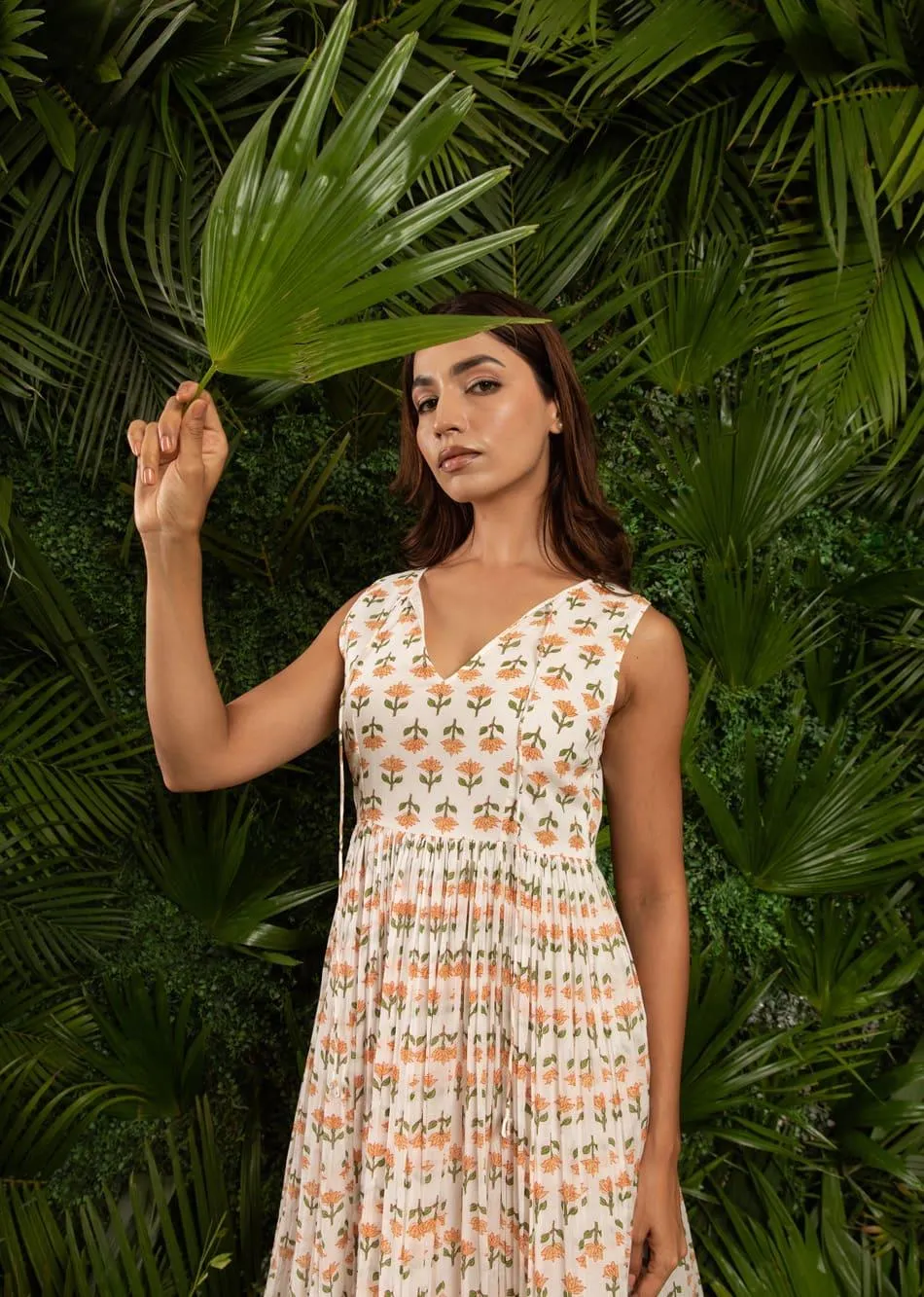 White & Orange Printed V-Neck Sleeveless Dress