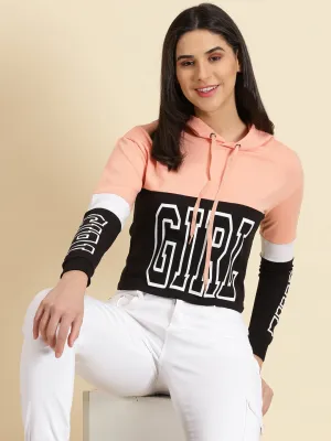 Women Peach Typography Printed Hooded Neck Cotton Sweatshirt