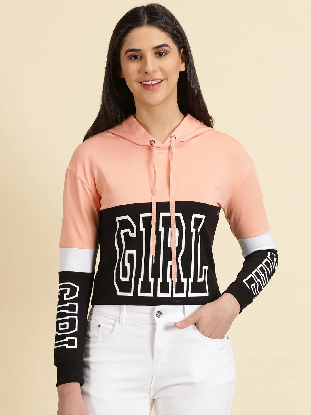 Women Peach Typography Printed Hooded Neck Cotton Sweatshirt