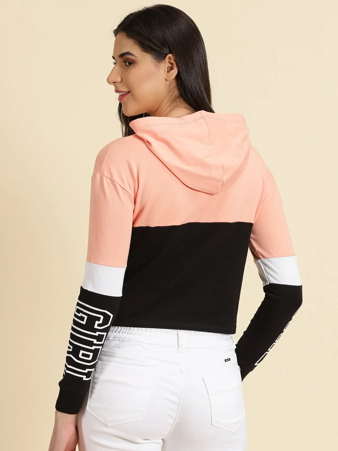 Women Peach Typography Printed Hooded Neck Cotton Sweatshirt