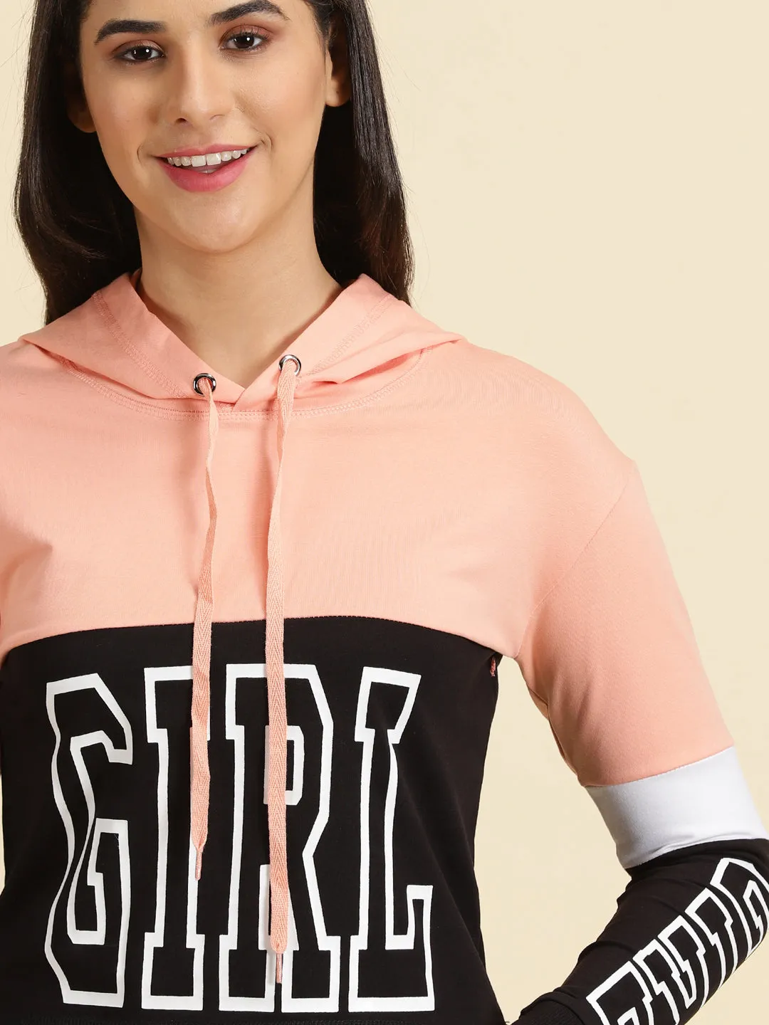 Women Peach Typography Printed Hooded Neck Cotton Sweatshirt