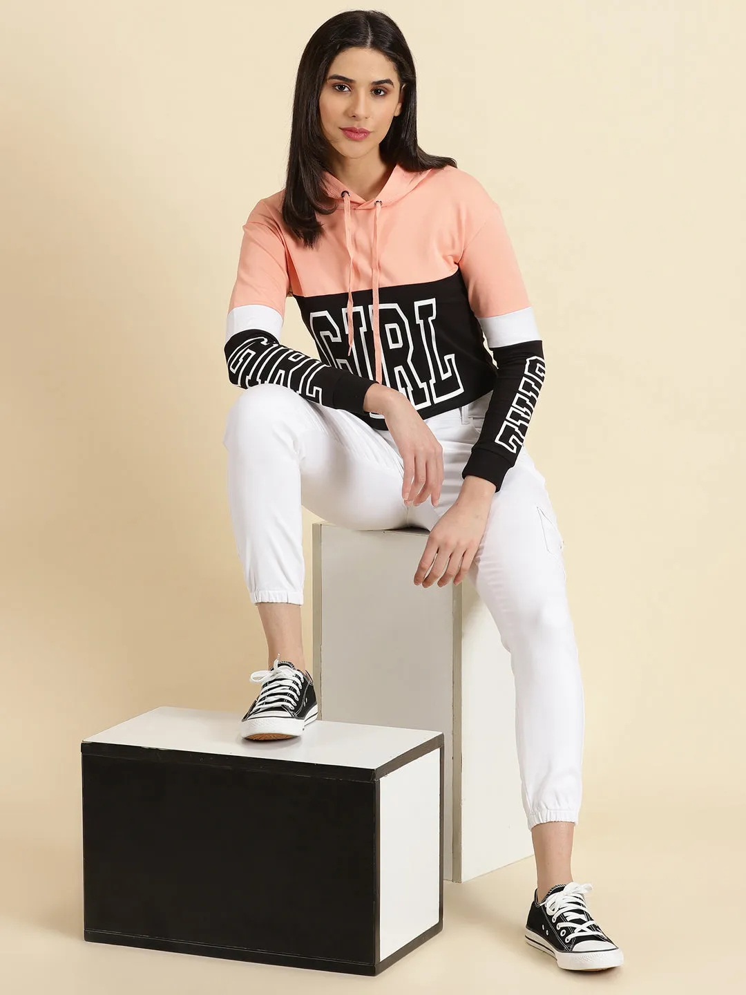 Women Peach Typography Printed Hooded Neck Cotton Sweatshirt