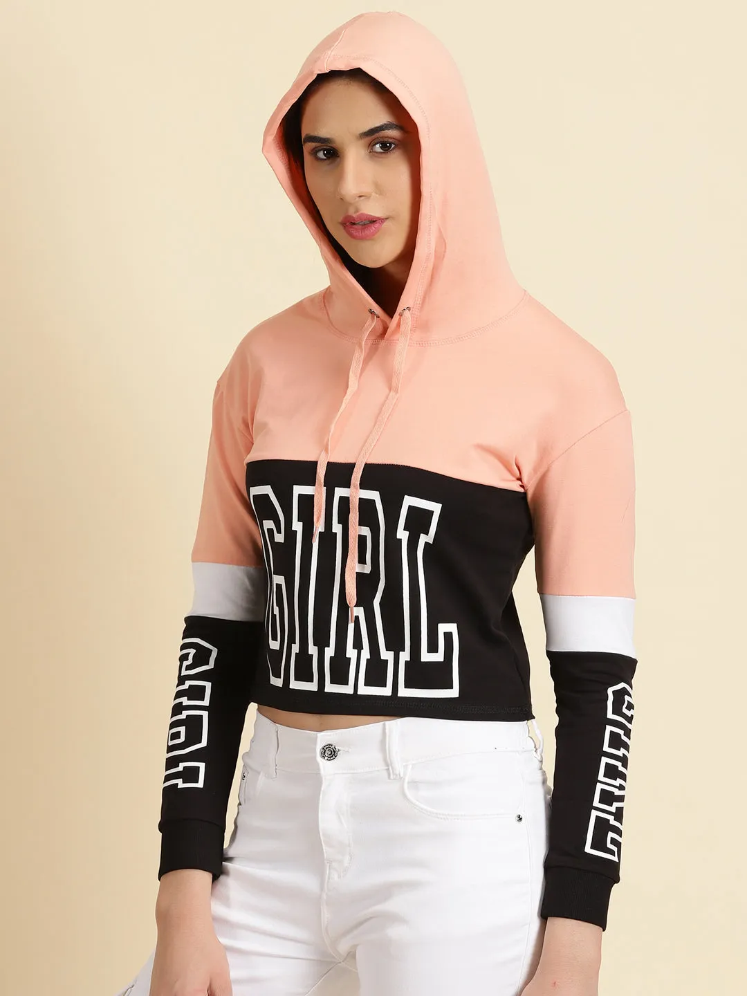 Women Peach Typography Printed Hooded Neck Cotton Sweatshirt