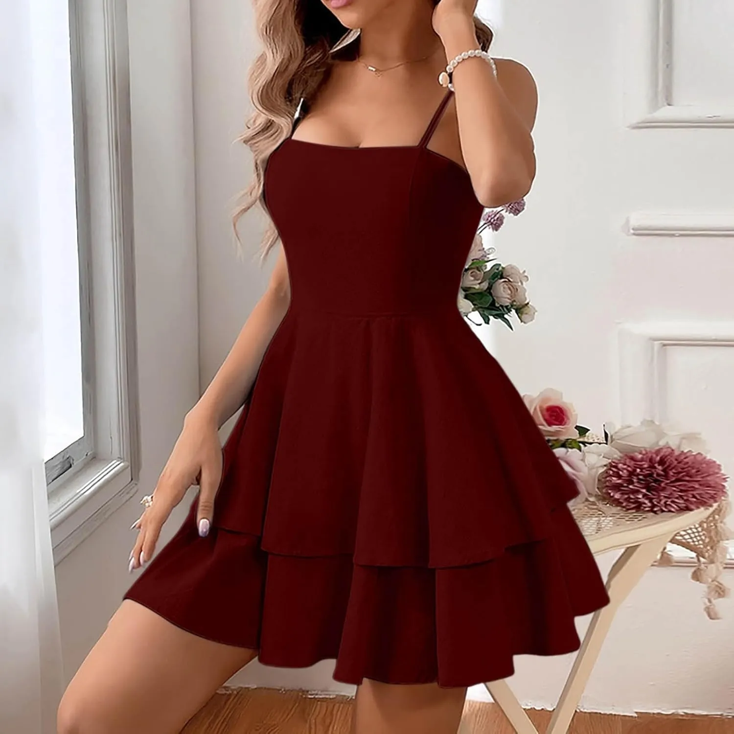 Women's 2025 Summer Spaghetti Straps Tube Mini Dress Smocked Ruffle A Line Tiered Flowy Short Party Club Dresses