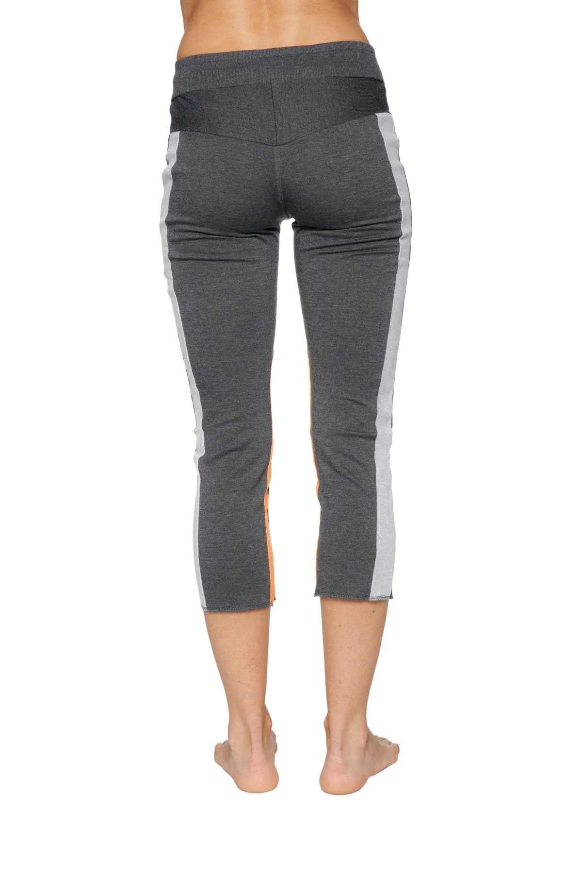 Women's 4/5 Length Zipper Pocket Capri Yoga Pant (Charcoal w/Grey & Orange)