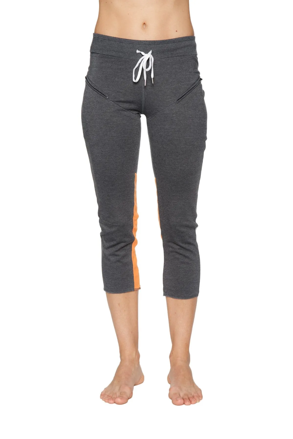 Women's 4/5 Length Zipper Pocket Capri Yoga Pant (Charcoal w/Grey & Orange)