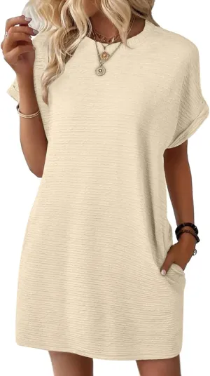 Women's Casual Dresses Loose Short Sleeve Crewneck Sundress Fashion Solid Color Vacation Beach Dress with Pocket