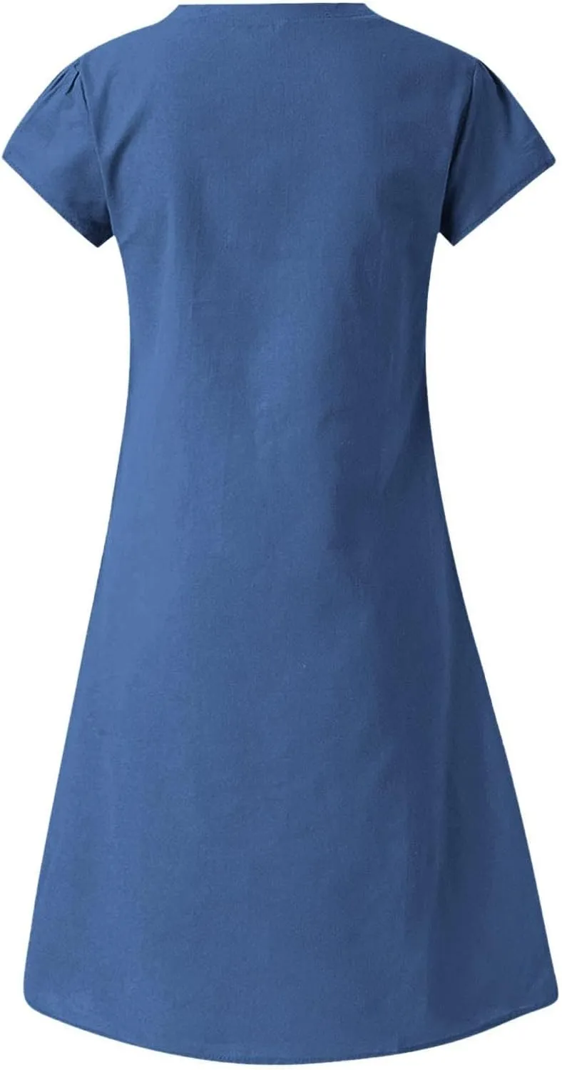 Womens Cotton Linen Midi Dresses Casual Short Sleeve Plain Knee Length Dress Elegant V Neck Loose Flowy Boho Dress