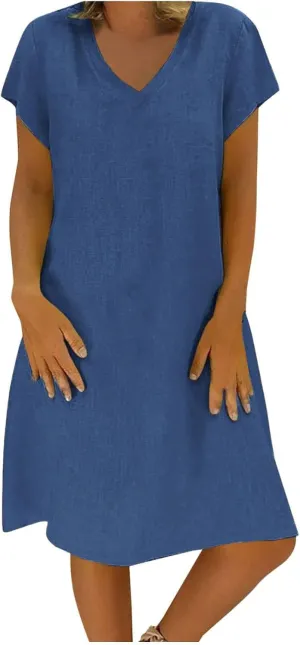 Womens Cotton Linen Midi Dresses Casual Short Sleeve Plain Knee Length Dress Elegant V Neck Loose Flowy Boho Dress