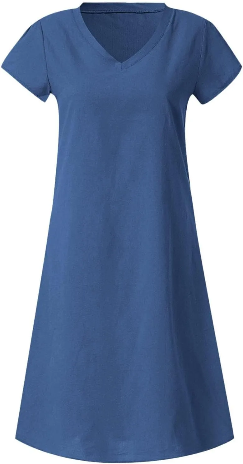 Womens Cotton Linen Midi Dresses Casual Short Sleeve Plain Knee Length Dress Elegant V Neck Loose Flowy Boho Dress