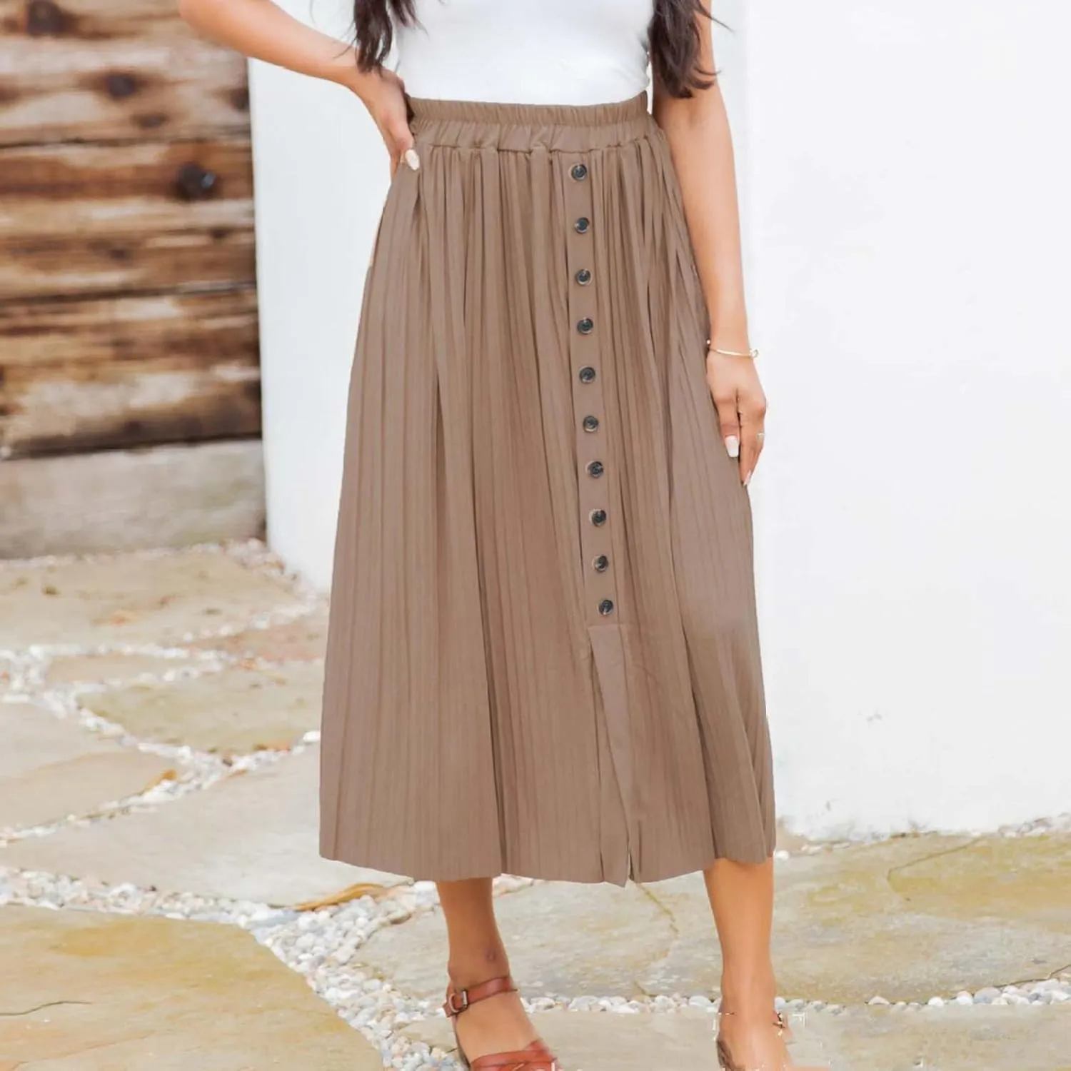 Women's Pleated Midi Skirt Flowy Summer Pleated High Waisted Casual Button Front Skirts with Pockets