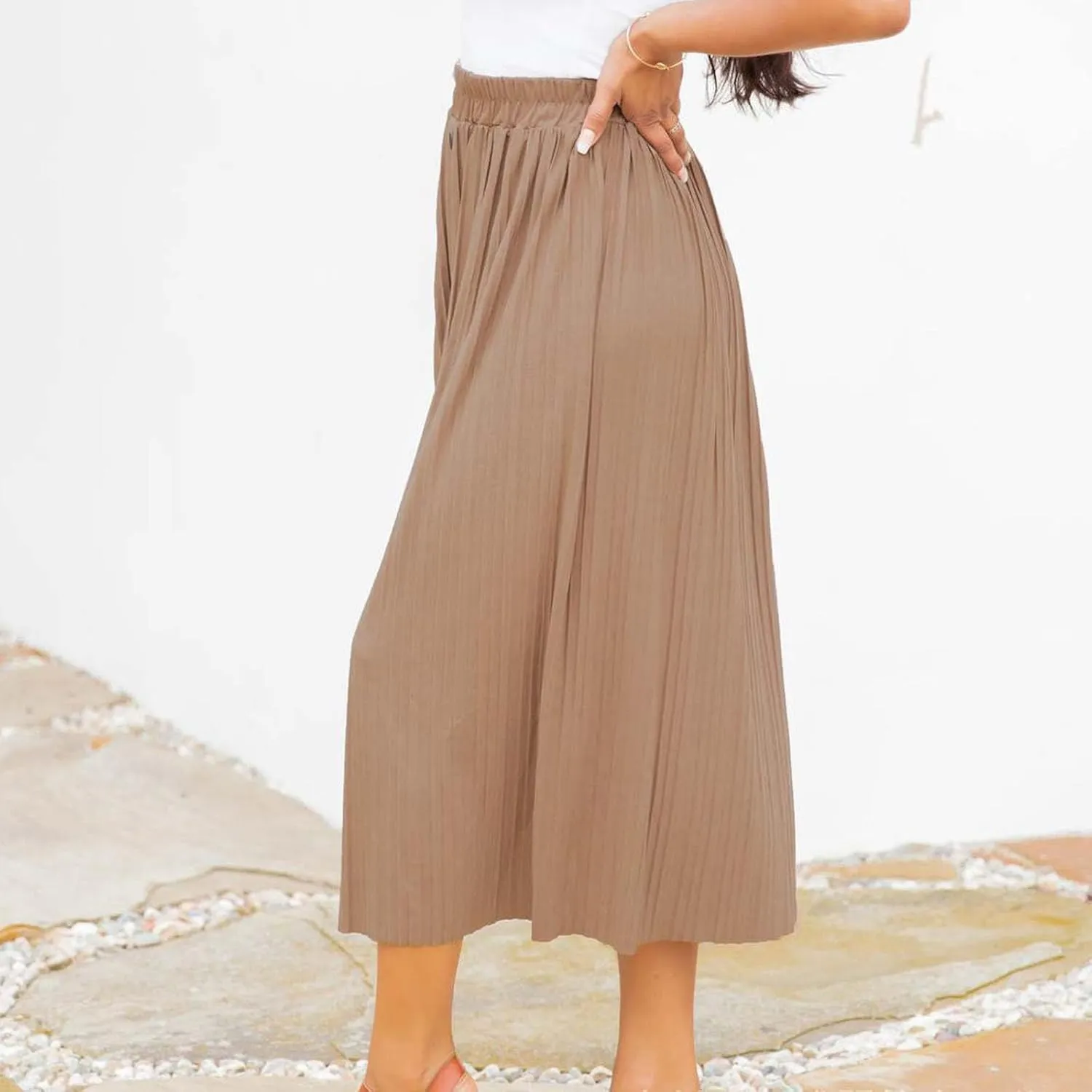 Women's Pleated Midi Skirt Flowy Summer Pleated High Waisted Casual Button Front Skirts with Pockets