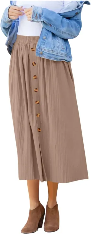 Women's Pleated Midi Skirt Flowy Summer Pleated High Waisted Casual Button Front Skirts with Pockets
