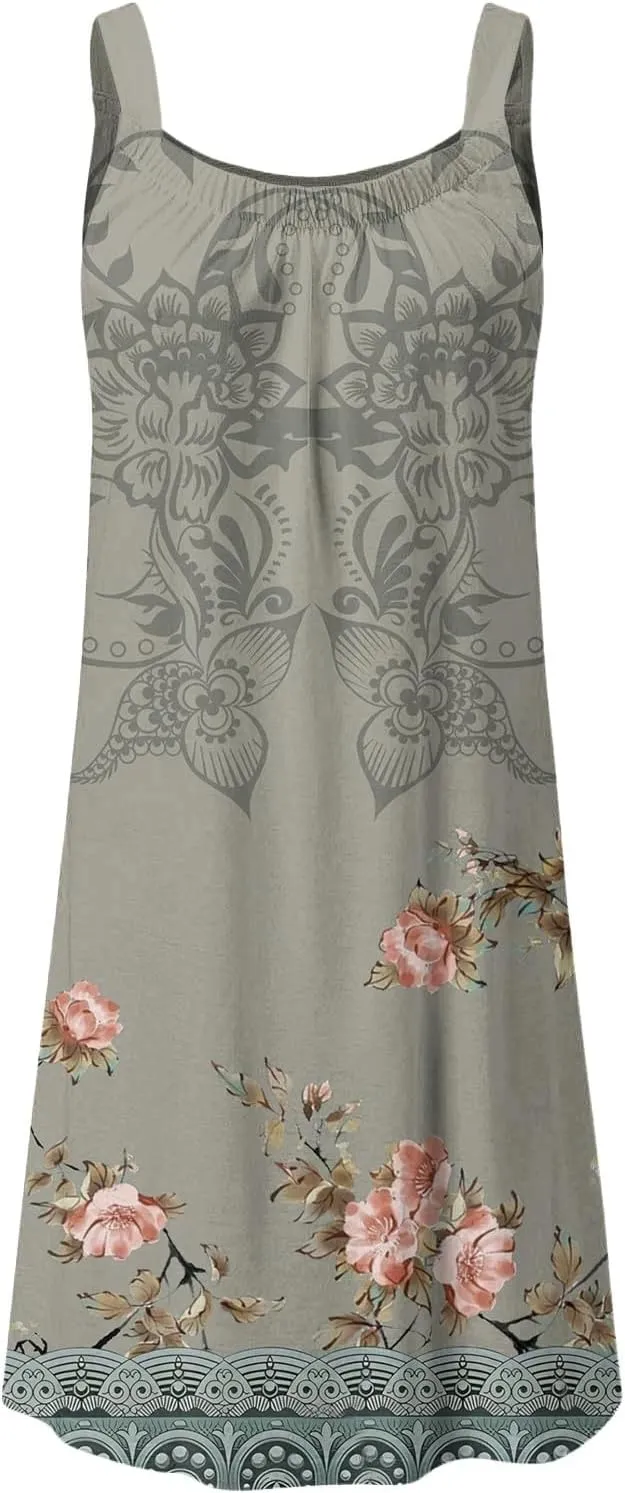Women's Summer Fashion Vintage Flowers Printed Pleated Sleeveless Shoulder Strap Beach Vacation Casual Dress