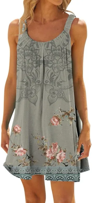Women's Summer Fashion Vintage Flowers Printed Pleated Sleeveless Shoulder Strap Beach Vacation Casual Dress