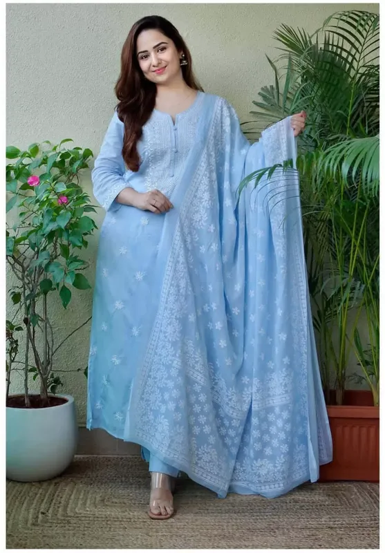 Women's Viscose Floral Embroidered Straight Kurta Pant With Dupatta