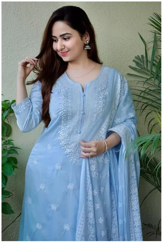 Women's Viscose Floral Embroidered Straight Kurta Pant With Dupatta