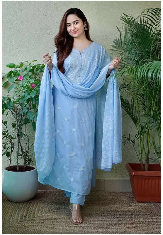 Women's Viscose Floral Embroidered Straight Kurta Pant With Dupatta